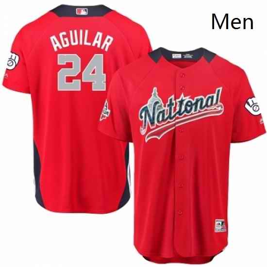 Mens Majestic Milwaukee Brewers 24 Jesus Aguilar Game Red National League 2018 MLB All Star MLB Jersey